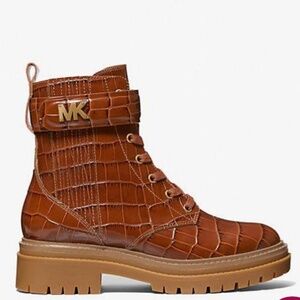 New Michael Kors Stark Chestnut 🌰 Crocodile Embossed Leather Combat Boot